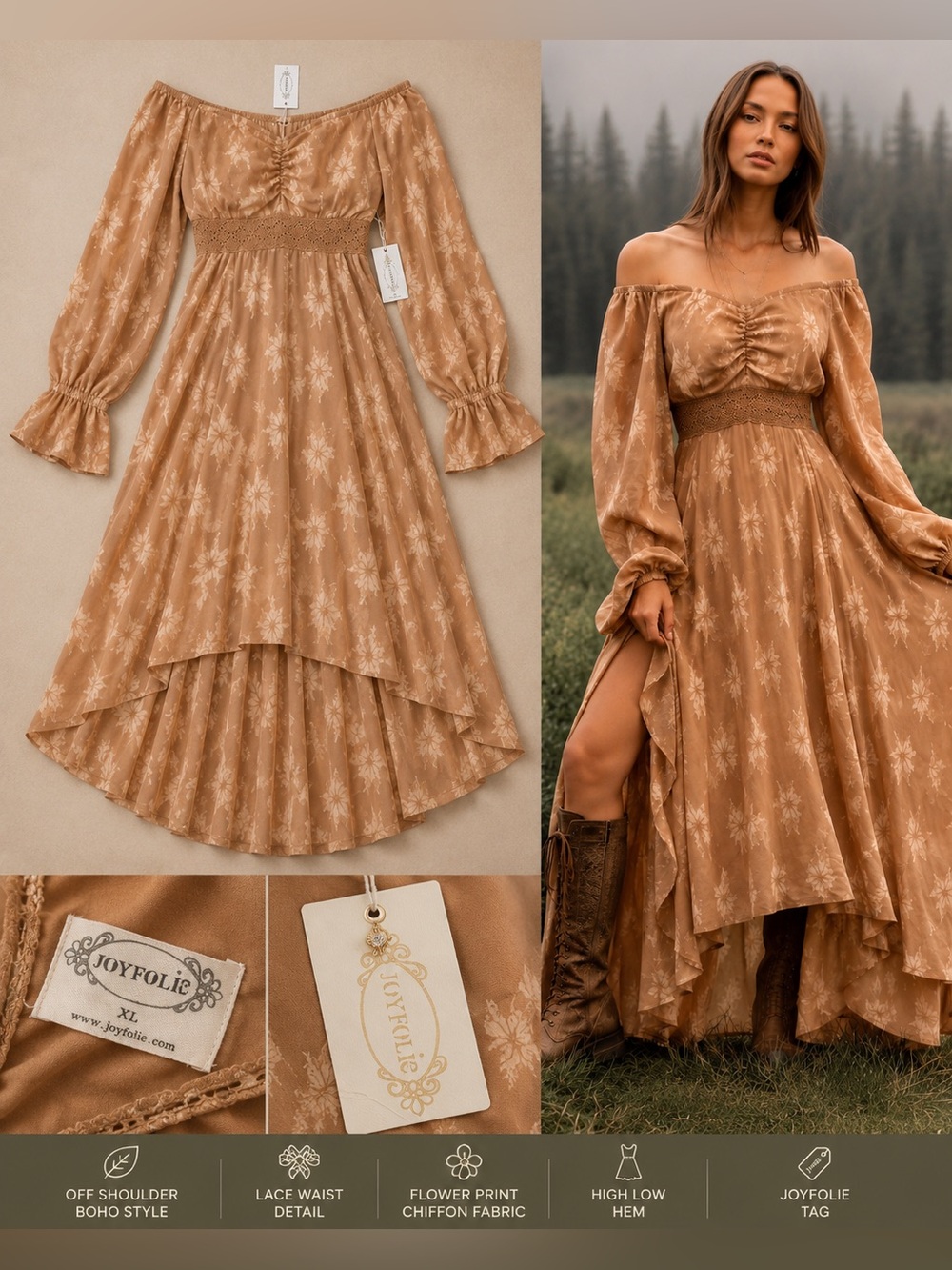 Joyfolie Isabella Dress XL Latte Floral Boho Maxi High Low Rhinestone Charm